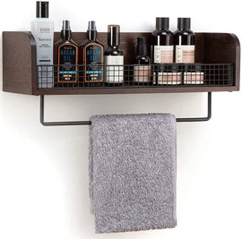 Wall Mount Rustic Wood & Black Metal Bathroom Shelf with Towel Bar