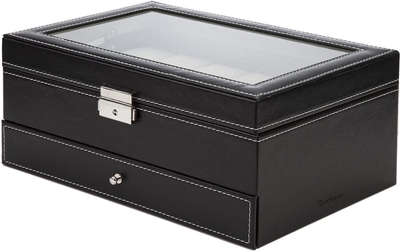 Black Leather Watch Box Jewelry Display Case with Drawers (12 Slots with 2 Layers)