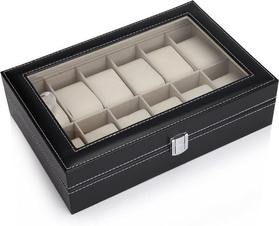 Black PU Leather Watch Organizer Display Storage Box Cases for Men & Women (12 slots)