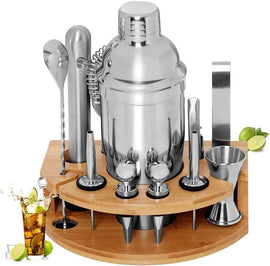 Cocktail Shaker Set Bartender Kit with Bamboo frame and 12 Pieces Stainless Steel Bar Tool Set