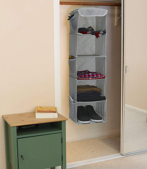 5 Foldable Shelf Hanging Closet Organizer Space Saver with Side Accessories Pockets for Clothes Storage