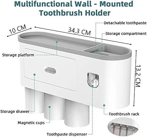 Automatic Wall Mounted Toothbrush Holder with Magnetic Cups Kids & Family Set for Bathroom (White and Black)