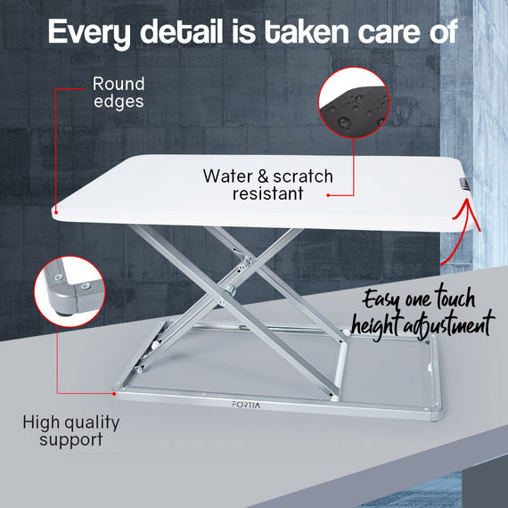 Fortia Desk Riser 74cm Wide Adjustable Sit to Stand for Dual Monitor, Keyboard, Laptop, White