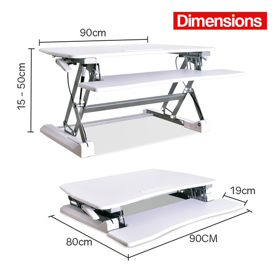 Fortia Desk Riser 90cm Wide Adjustable Sit to Stand for Dual Monitor, Keyboard, Laptop, White