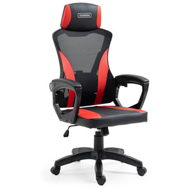 OVERDRIVE Ergonomic Gaming Chair, Height Adjustable Lumbar Support, Mesh Fabric, Faux Leather, Headrest, Black/Red