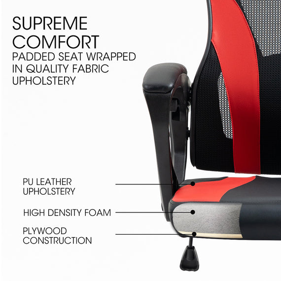 OVERDRIVE Ergonomic Gaming Chair, Height Adjustable Lumbar Support, Mesh Fabric, Faux Leather, Headrest, Black/Red