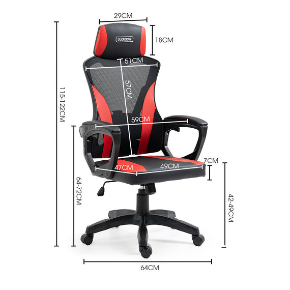 OVERDRIVE Ergonomic Gaming Chair, Height Adjustable Lumbar Support, Mesh Fabric, Faux Leather, Headrest, Black/Red