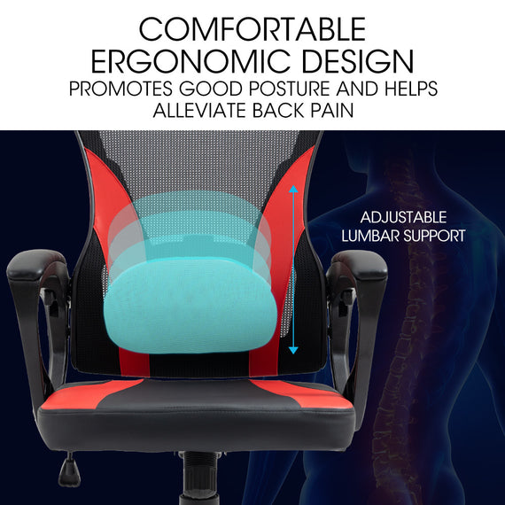 OVERDRIVE Ergonomic Gaming Chair, Height Adjustable Lumbar Support, Mesh Fabric, Faux Leather, Headrest, Black/Red