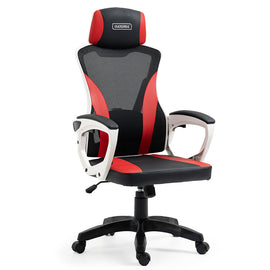 OVERDRIVE Ergonomic Gaming Chair, Height Adjustable Lumbar Support, Mesh Fabric, Faux Leather, Headrest, White/Black/Red