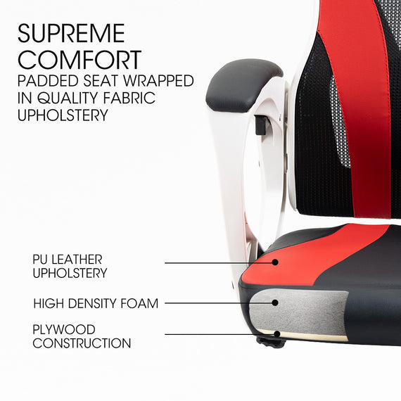 OVERDRIVE Ergonomic Gaming Chair, Height Adjustable Lumbar Support, Mesh Fabric, Faux Leather, Headrest, White/Black/Red