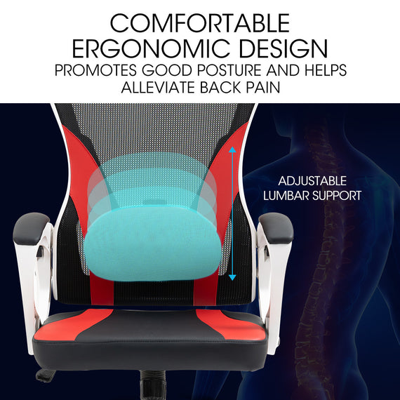 OVERDRIVE Ergonomic Gaming Chair, Height Adjustable Lumbar Support, Mesh Fabric, Faux Leather, Headrest, White/Black/Red