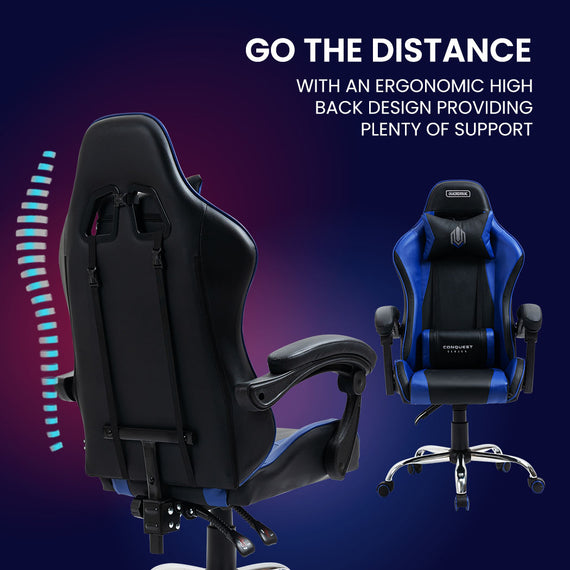 OVERDRIVE Conquest Series Reclining Gaming Ergonomic Office Chair with Lumbar and Neck Pillows, Black and Blue