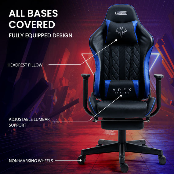 OVERDRIVE Apex Series Reclining Gaming Ergonomic Office Chair with Footrest, Black and Blue