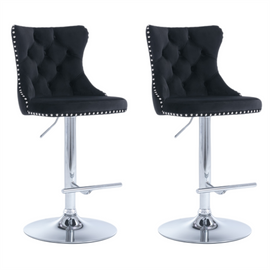 2x Height Adjustable Swivel Bar Stool Velvet Studs Barstool with Footrest and Chromed Base- Black