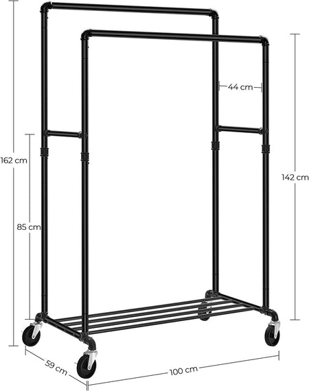 SONGMICS Industrial Pipe Clothes Rack on Wheels with Hanging Rack Organizer Black HSR60B
