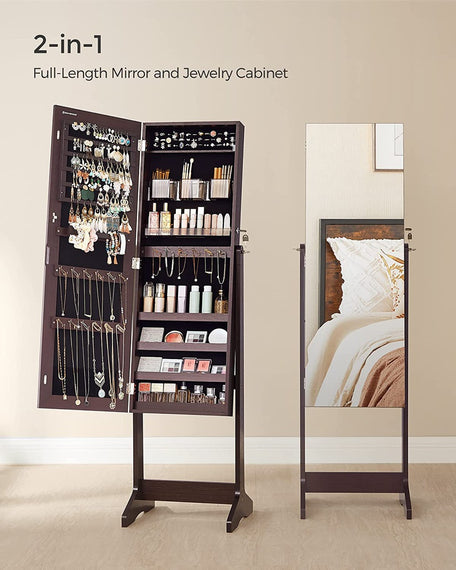 SONGMICS Jewelry Cabinet Armoire with Full-Length Frameless Mirror Brown JJC002K01