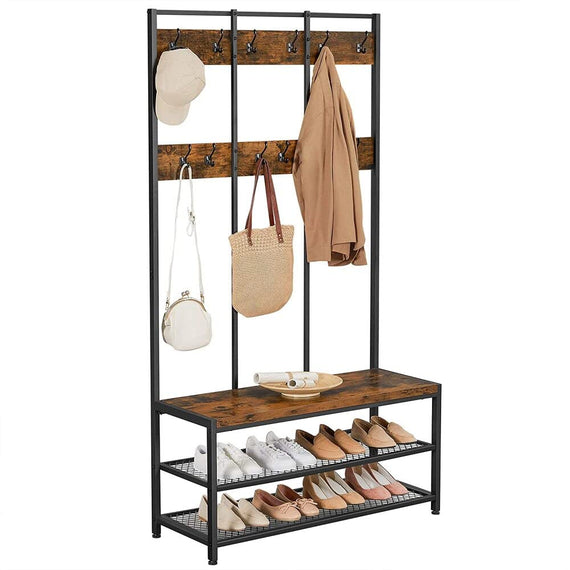 VASAGLE Large Coat Rack Stand Coat Tree with 12 Hooks and Shoe Bench Brown and Black HSR86BX