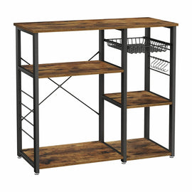 VASAGLE Baker's Rack Kitchen Shelf with Steel Frame Wire Basket and 6 Hooks Rustic Brown and Black KKS90X