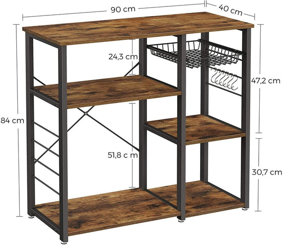 VASAGLE Baker's Rack Kitchen Shelf with Steel Frame Wire Basket and 6 Hooks Rustic Brown and Black KKS90X