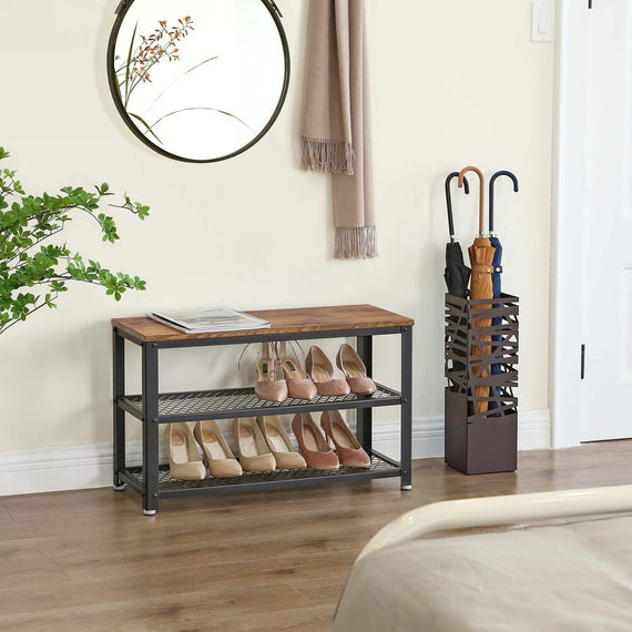 VASAGLE Shoe Bench with Seat Shoe Rack with 2 Mesh Shelves Rustic Brown and Black LBS73X