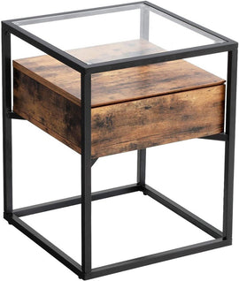 VASAGLE Side Table Tempered Glass End Table with Drawer and Shelf Rustic Brown and Black LET04BX