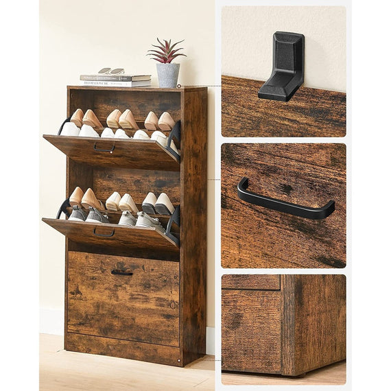 VASAGLE Shoe Cabinet 3 Tier Rustic Brown and Black LBC030X01