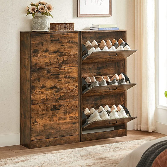 VASAGLE Shoe Cabinet 3 Tier Rustic Brown and Black LBC030X01