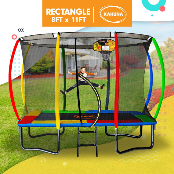 Kahuna 8ft x 11ft Outdoor Rectangular Rainbow Trampoline With Safety Enclosure And Basketball Hoop Set.