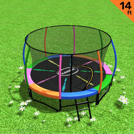 Kahuna 14ft Trampoline Free Ladder Spring Mat Net Safety Pad Cover Round Enclosure - Rainbow
