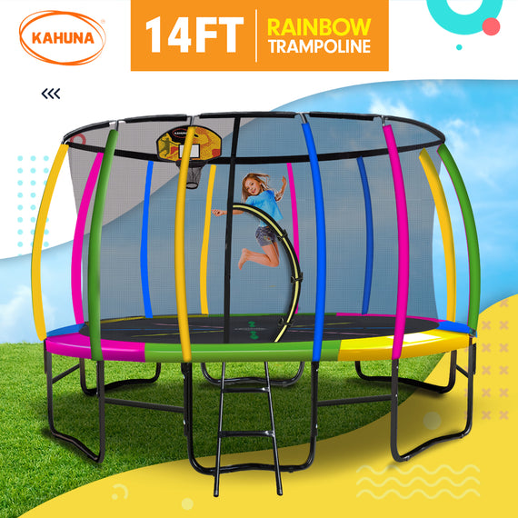 Kahuna 14ft Outdoor Trampoline Kids Children With Safety Enclosure Pad Mat Ladder Basketball Hoop Set - Rainbow