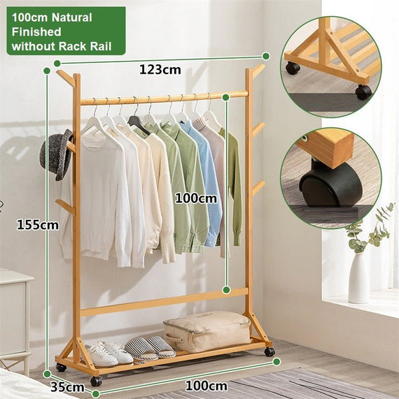 Portable Coat Stand Rack Rail Clothes Hat Garment Hanger Hook with Shelf Bamboo 9 Hook without Rack Rail Natural Finished