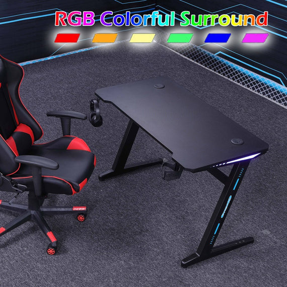 140cm RGB Embeded Gaming Desk Home Office Carbon Fiber Led Lights Game Racer Computer PC Table Z-Shaped Black