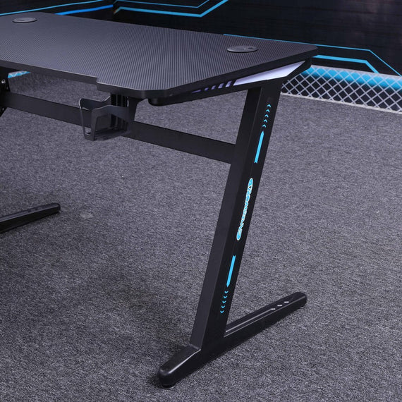 140cm RGB Embeded Gaming Desk Home Office Carbon Fiber Led Lights Game Racer Computer PC Table Z-Shaped Black