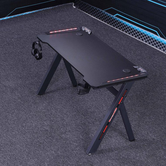 140cm RGB Gaming Desk Home Office Carbon Fiber Led Lights Game Racer Computer PC Table Y-Shaped Black