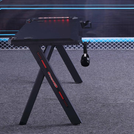 140cm RGB Gaming Desk Home Office Carbon Fiber Led Lights Game Racer Computer PC Table Y-Shaped Black