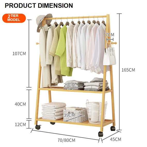 Rail Bamboo Clothes Rack Garment Hanging Stand 2 Tier Storage Shelves Closet 80cm