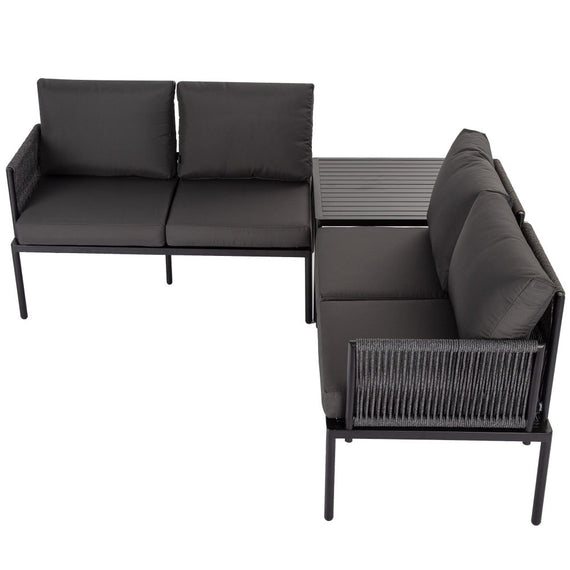 Eden 4-Seater Outdoor Lounge Set with Coffee Table in Black-Stylish Textile and Rope Design