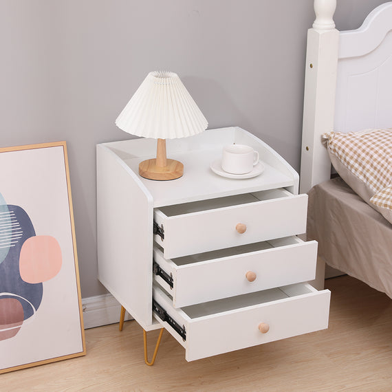 Winston 3-Drawer Nightstand Bedside Table with Gold Steel Legs Tray Top White