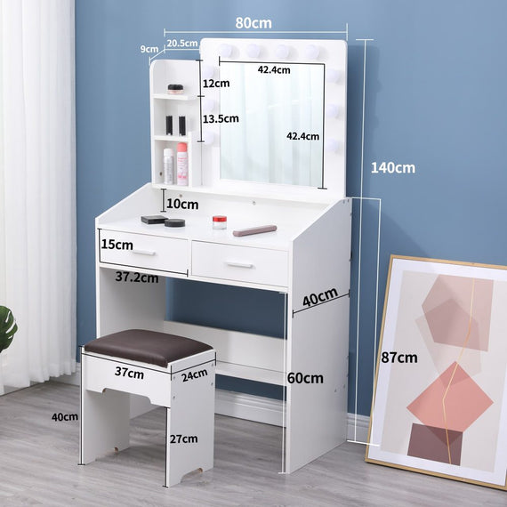 Diana Vanity Set with Shelves Cushioned Stool and Lighted Mirror- White