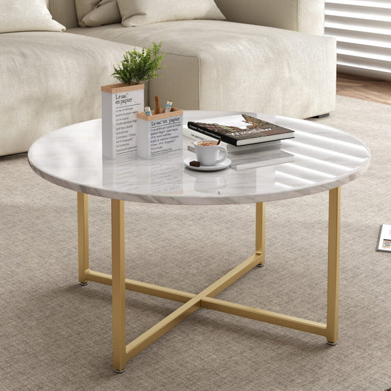 White Marble Effect Round Coffee Table with Gold Legs