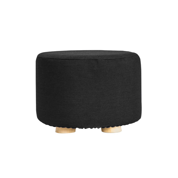 Fabric Ottoman Round Wooden Leg Foot Stool - BLACK