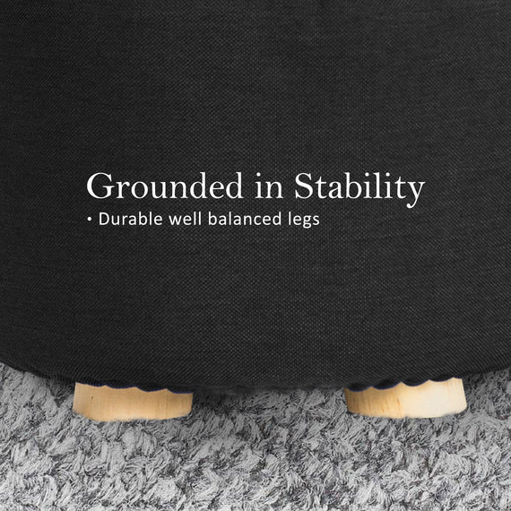 Fabric Ottoman Round Wooden Leg Foot Stool - BLACK