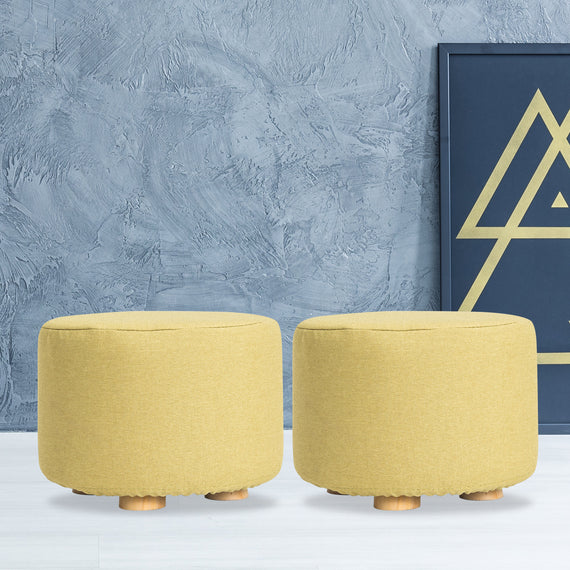 2X Fabric Ottoman Round Wooden Leg Foot Stool - Mustard Yellow