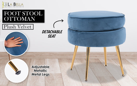 Ottoman Foot Stool Velvet Fabric Metal Leg Round NAVY BLUE