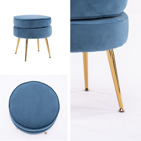 Ottoman Foot Stool Velvet Fabric Metal Leg Round NAVY BLUE