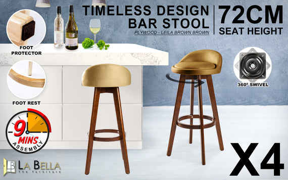 4X Wooden Bar Stool Dining Chair Leather LEILA 72cm COFFEE BROWN