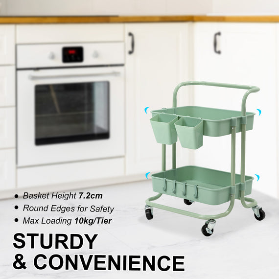 Trolley Cart Storage Utility Rack Shelf Organiser Swivel Kitchen 2 Tier GREEN