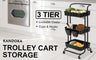 Kandoka 3 Tier Black Trolley Cart Storage Utility Rack Organiser Swivel Kitchen