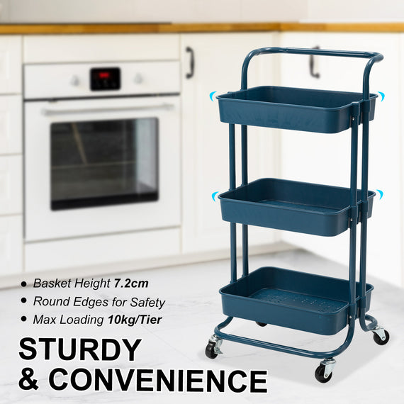 Trolley Cart Storage Utility Rack Shelf Organiser Swivel Kitchen 3 Tier BLUE