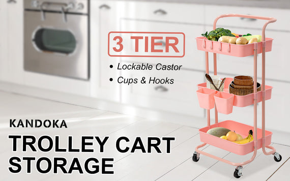 Trolley Cart Storage Utility Rack Shelf Organiser Swivel Kitchen 3 Tier PINK